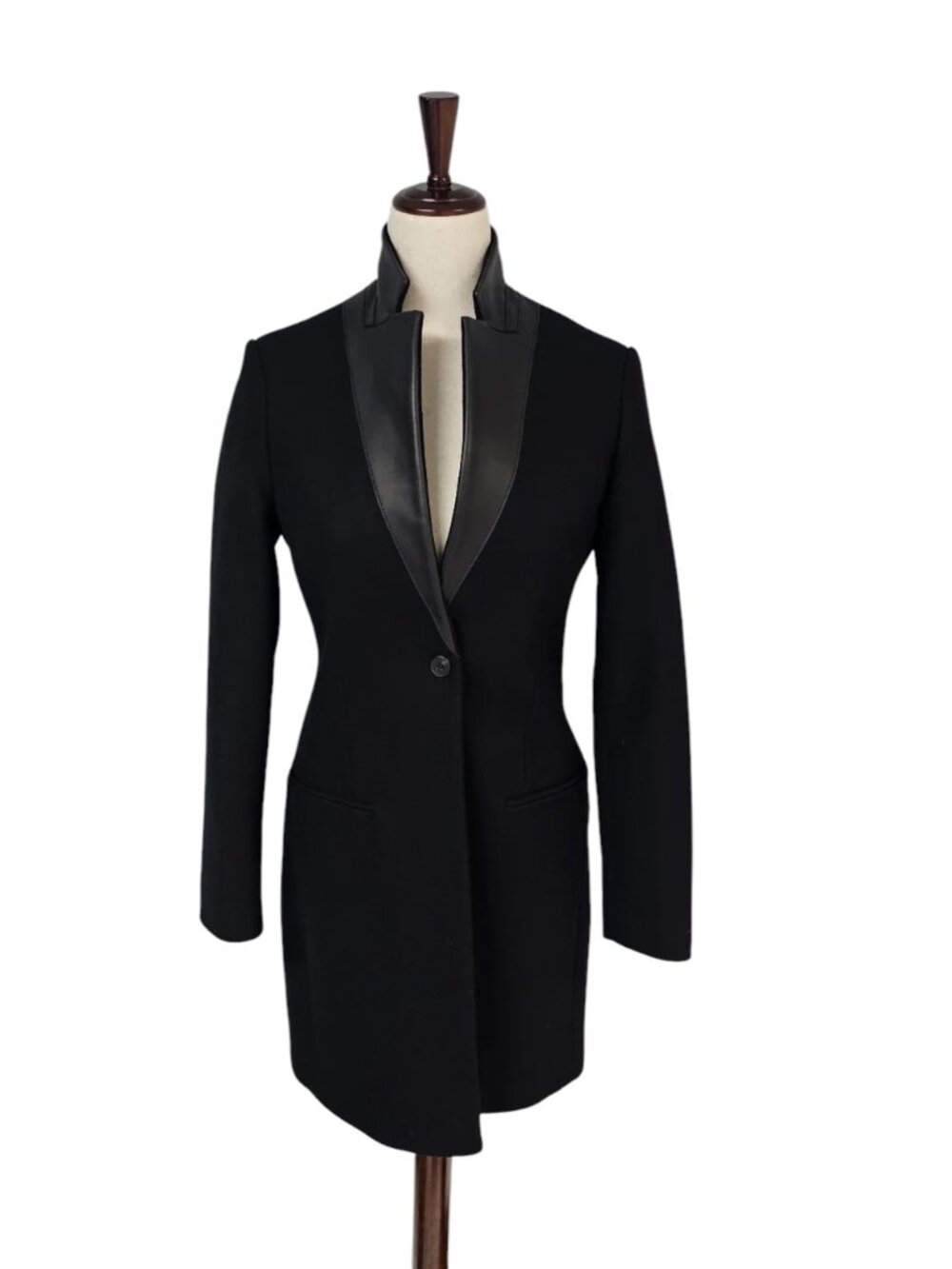 AllSaints Leni Lea Wool Black Leather Trim Collar Peacoat 4 Preowned - Picture 4 of 10